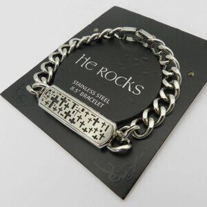 Mens He Rocks Christian Cross Stainless Steel Link Bracelet 8 1/2"